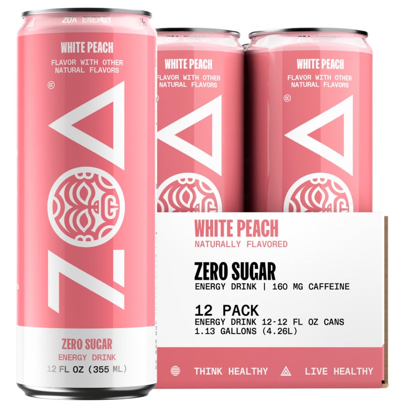 ZOA Zero Sugar Energy Drinks, White Peach - Sugar Free with Electrolytes, Healthy Vitamin C, Amino Acids, Essential B-Vitamins, and Caffeine from Green Tea - 12 Fl Oz (12-Pack) - Image 1